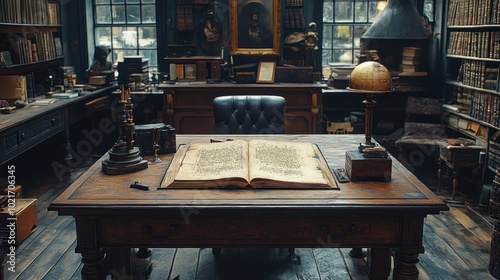 A vintage desk with an open book, a globe, a lamp, and other antique items in a dimly lit room.