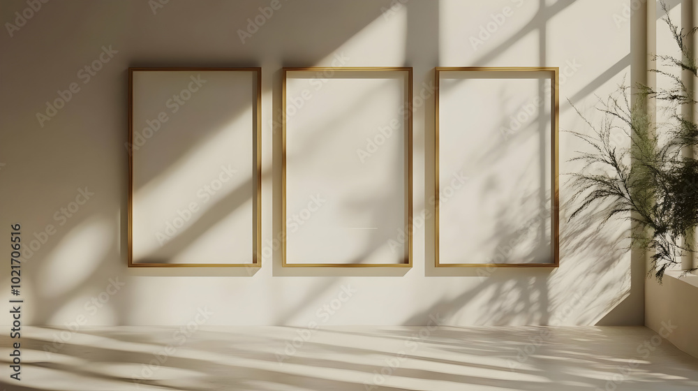 Fototapeta premium Three Golden Frames on a White Wall with Sunlight and Shadows - 3D Render