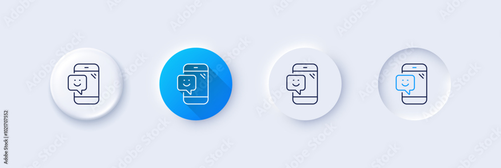 Smile phone line icon. Neumorphic, Blue gradient, 3d pin buttons. Positive feedback rating sign. Customer satisfaction symbol. Line icons. Neumorphic buttons with outline signs. Vector Smile phone line icon. Neumorphic, Blue gradient, 3d pin buttons. Positive feedback rating sign. Customer satisfaction symbol. Line icons. Neumorphic buttons with outline signs. Vector