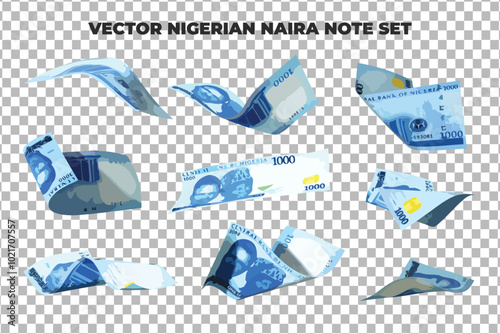 Vector illustration of set of 1000 Nigerian naira notes flying in different angles and orientations. Currency note design in Scalable eps format