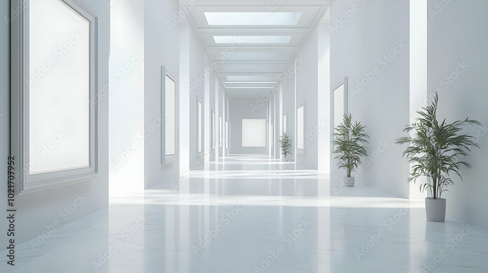 White Interior Hallway with Plants and Empty Frames 3D Illustration White Interior Hallway with Plants and Empty Frames 3D Illustration