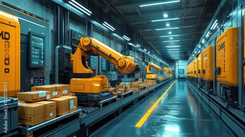 A long row of robotic arms work on a conveyor belt in a modern factory.