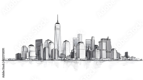 Black and white vector illustration of the New York City skyline, on a white background, with a minimalistic design featuring clean lines and a simple drawing style