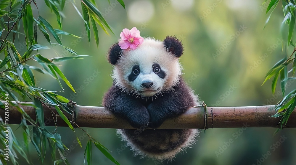 Fototapeta premium A panda bear with a pink flower on its head is sitting on a bamboo branch, looking at the camera