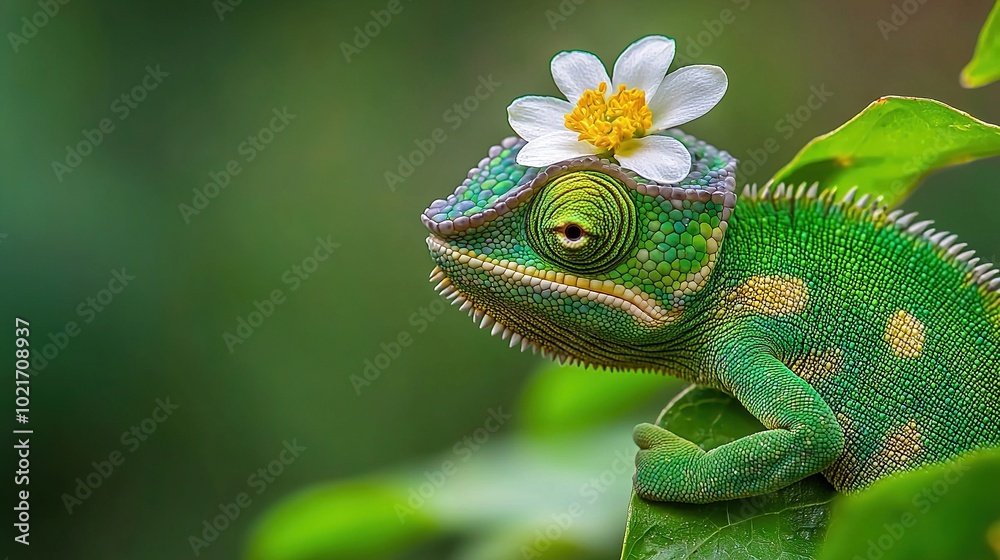 Chamelon with a flower on its head, sitting on a green leaf in a blurred background Chamelon with a flower on its head, sitting on a green leaf in a blurred background