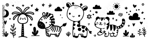 cute baby animals in the jungle with flowers and hearts in black vector