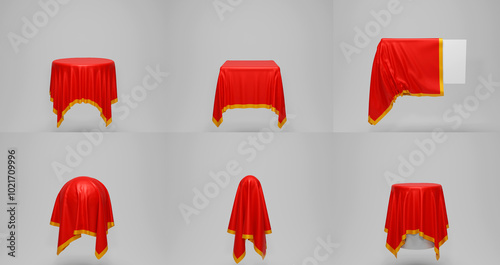 Принти на полотні Red fabric with golden border covers on objects