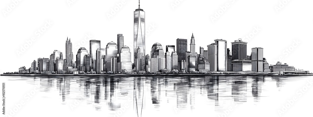 Obraz premium Black and white vector illustration of the New York City skyline, on a white background, with a minimalistic design featuring clean lines and a simple drawing style