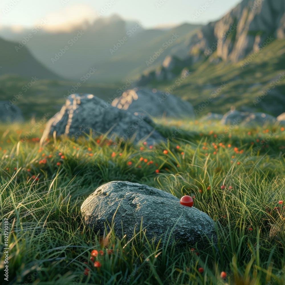 A red ball on a rock in a grassy field with mountains in the distance A red ball on a rock in a grassy field with mountains in the distance