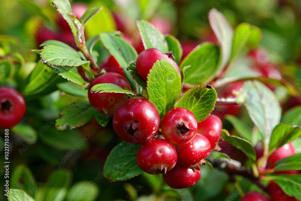Obraz premium Cotoneaster branch with red berries is growing in a garden