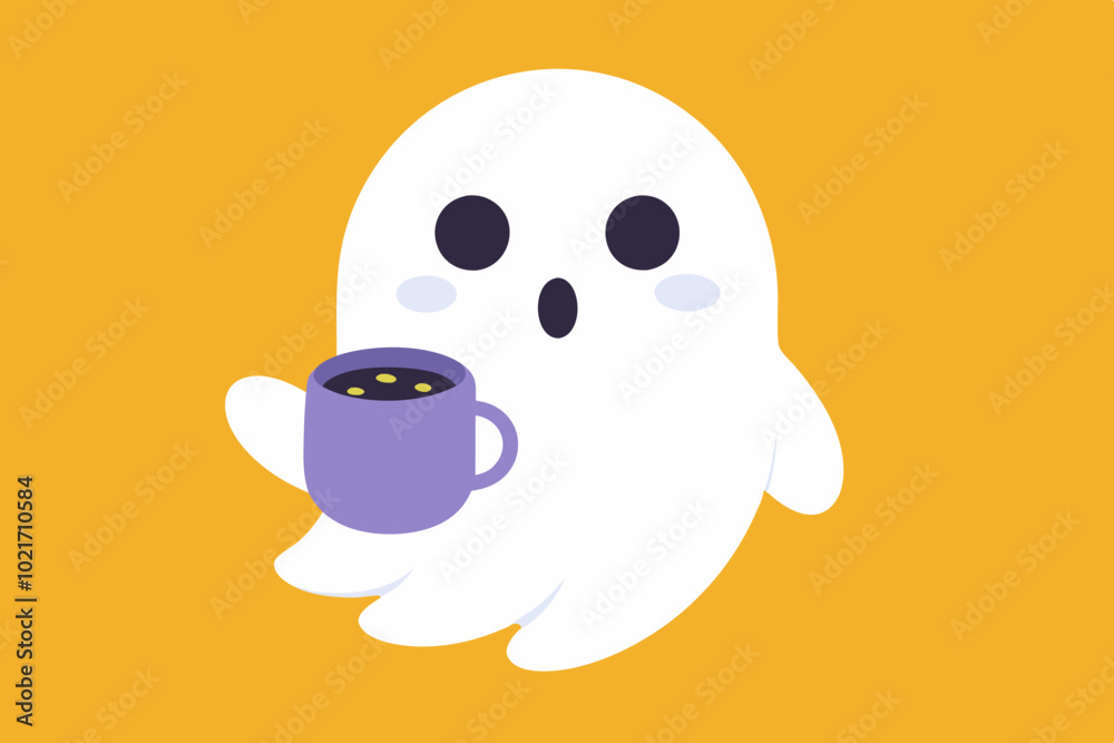 Ghost with tea cup and cookie. Cut spirit with hot drink. Halloween illustration. Ghost with tea cup and cookie. Cut spirit with hot drink. Halloween illustration.