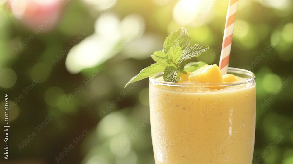 A glass filled with a smoothie, topped with a straw and a green leaf, featuring a pink and white striped straw A glass filled with a smoothie, topped with a straw and a green leaf, featuring a pink and white striped straw