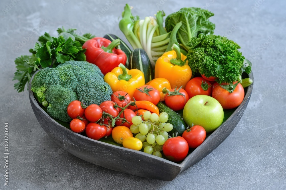 A heart-shaped bowl filled with a variety of fruits and vegetables,generative ai image A heart-shaped bowl filled with a variety of fruits and vegetables,generative ai image