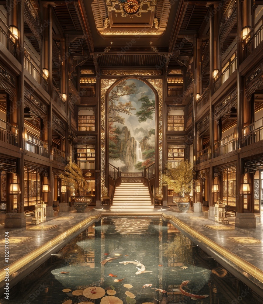 Obraz premium Grand Chinese Mansion Interior with Koi Pond