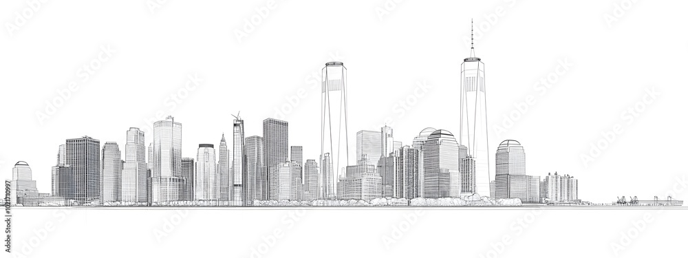 Naklejka premium Black and white vector illustration of the New York City skyline, on a white background, with a minimalistic design featuring clean lines and a simple drawing style