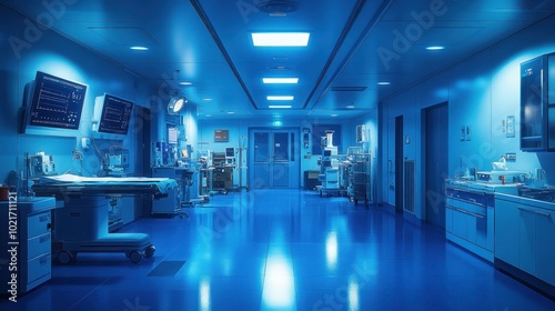 A sterile and empty operating room hallway with blue walls, tiled floor, and medical equipment.