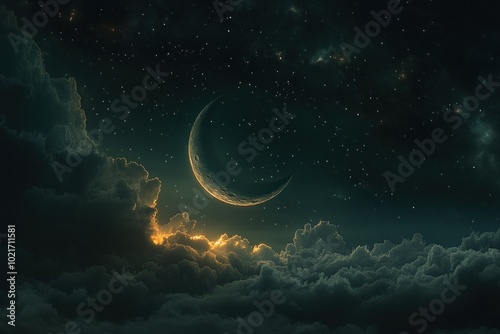 Celestial Crescent Moon Over Dramatic Cloud Scene