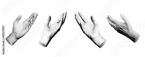 Hands, palms reaching out, stretching to something. Halftone style vector isolated on white background.