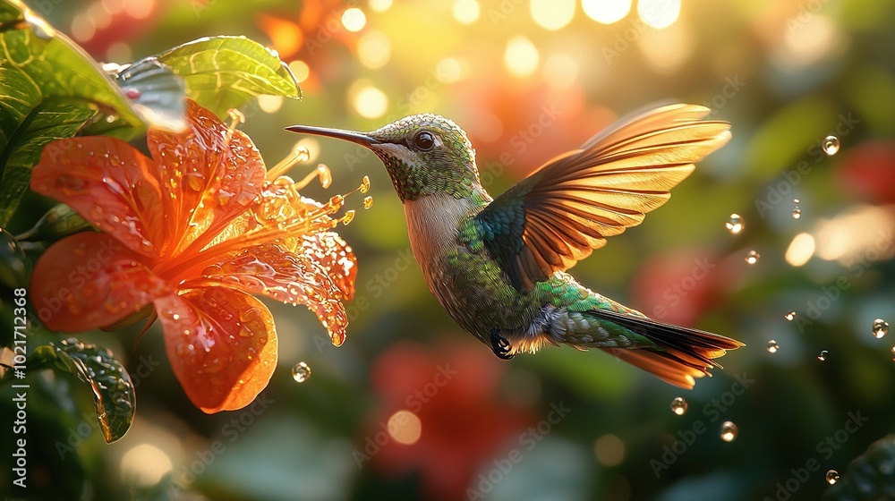 Naklejka premium Hummingbird hovers, wings glistening with dew, flower in foreground