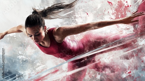 In an exhilarating display of strength and grace, a female gymnast showcases her skills mid-performance, surrounded by energetic splashes of pink, symbolizing Olympic spirit