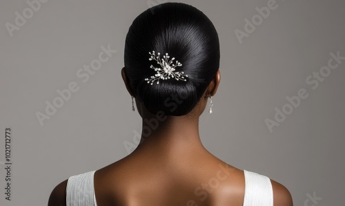 A woman with a black hair style and a flowery hair accessory photo