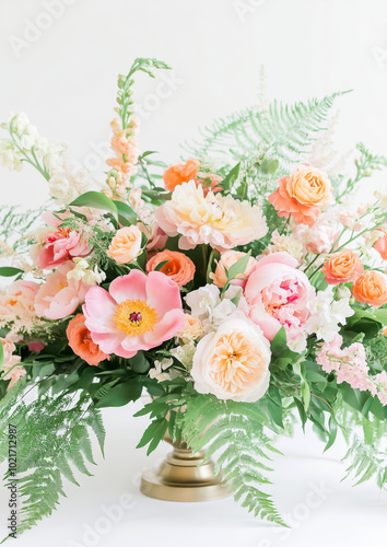 Wallpaper Mural Bouquet of pink peonies and fern leaves in ceramic vase Torontodigital.ca