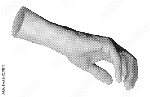hand reaching stretching to touch something. Halftone style vector isolated on white background.
