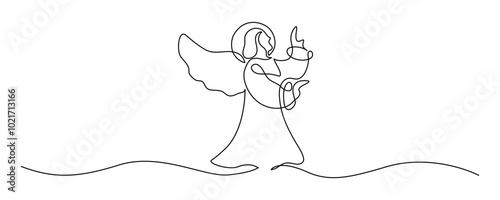 One continuous line drawing of praying angel. Christmas cherub and astrology horoscope symbol in simple linear style. Elegance logo editable stroke. Doodle vector illustration