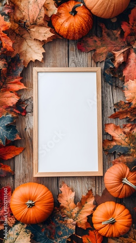 A blank white board with fall-themed decorations, such as leaves and pumpkins