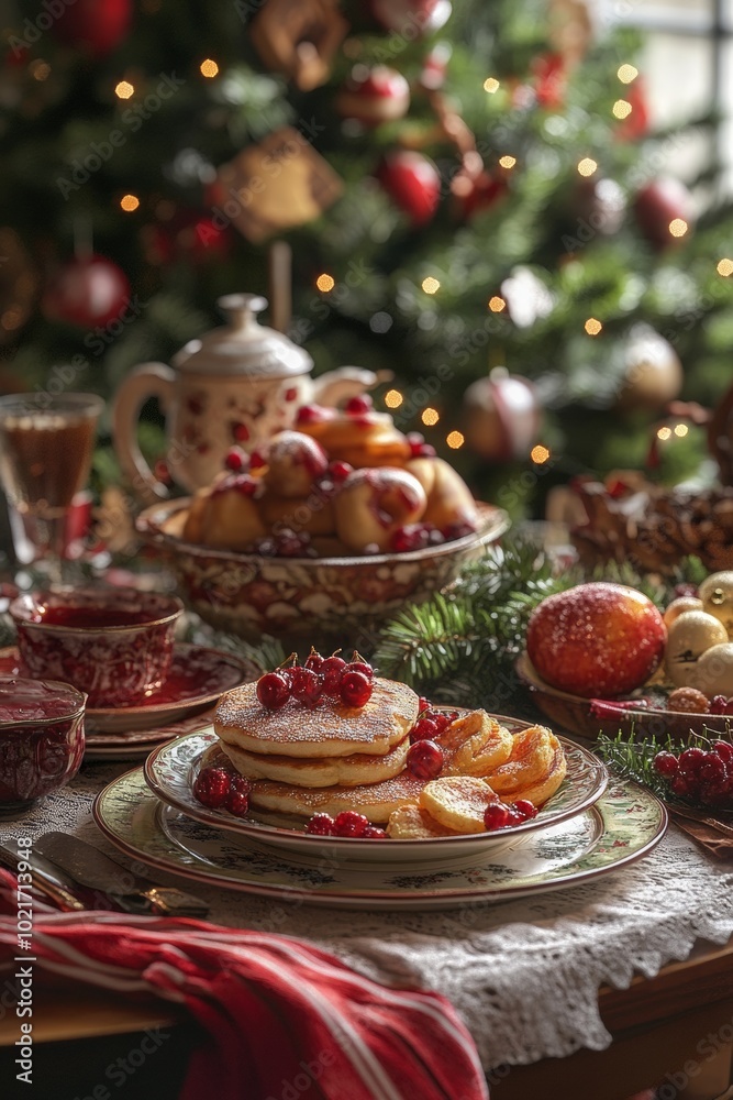 Delicious holiday breakfast table featuring pancakes, fruits, and festive decorations alongside a decorated Christmas tree Delicious holiday breakfast table featuring pancakes, fruits, and festive decorations alongside a decorated Christmas tree