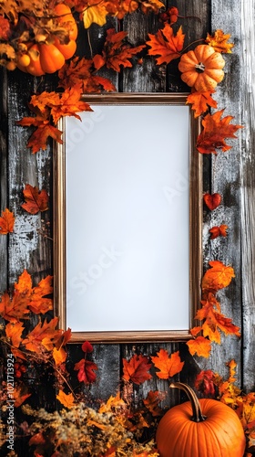 A blank white board with fall-themed decorations, such as leaves and pumpkins