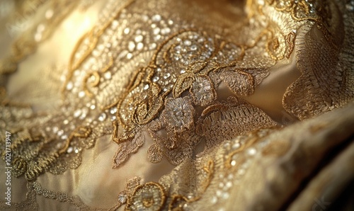 A gold and silver fabric with a pattern of flowers and beads photo