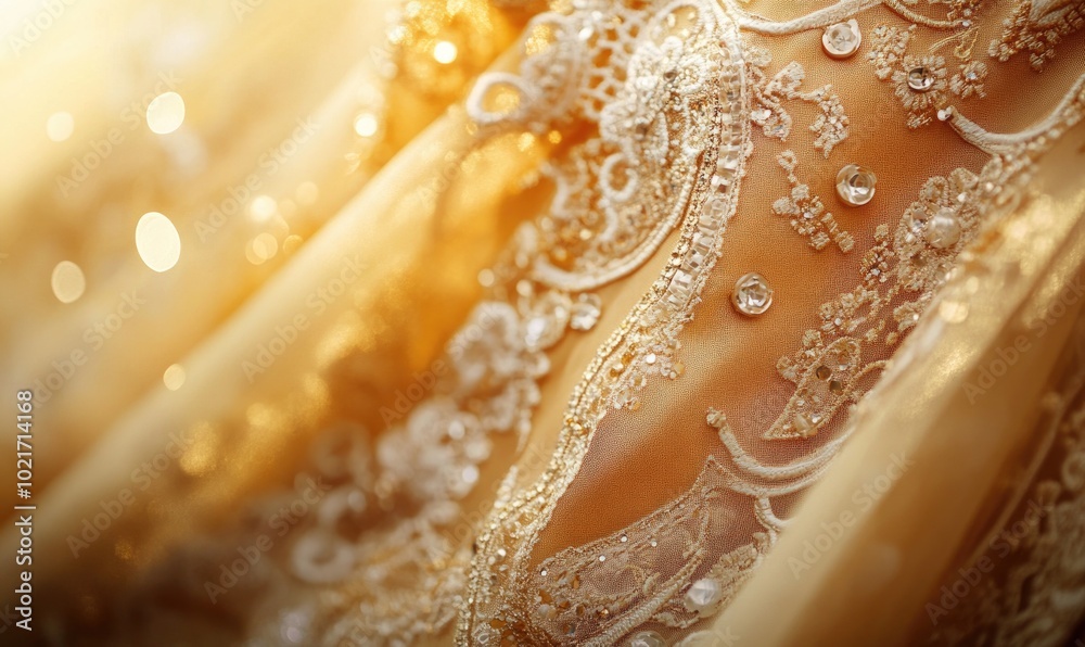 A gold and white dress with a lot of lace and beads