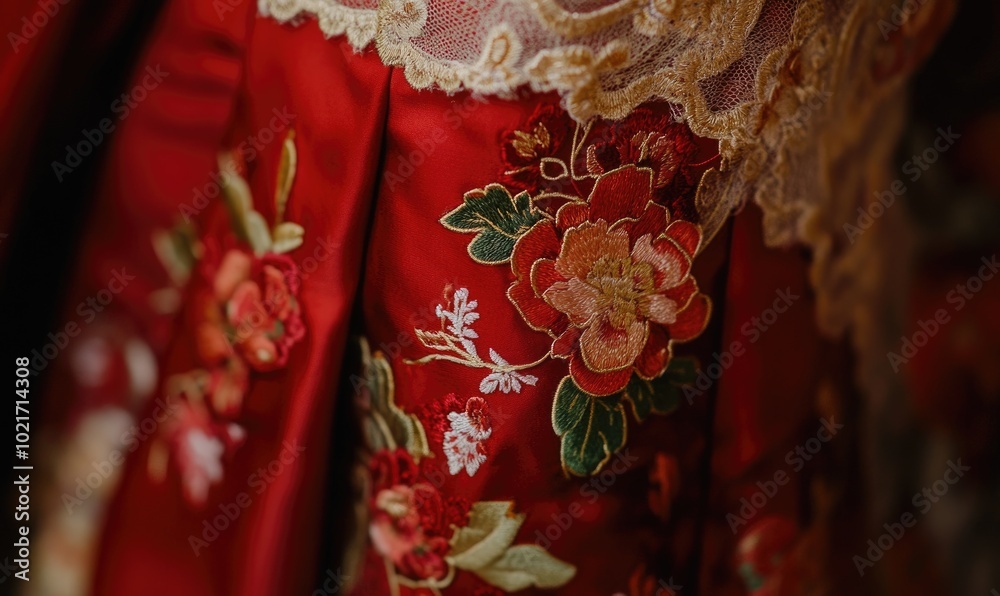 A red dress with flowers embroidered on it A red dress with flowers embroidered on it