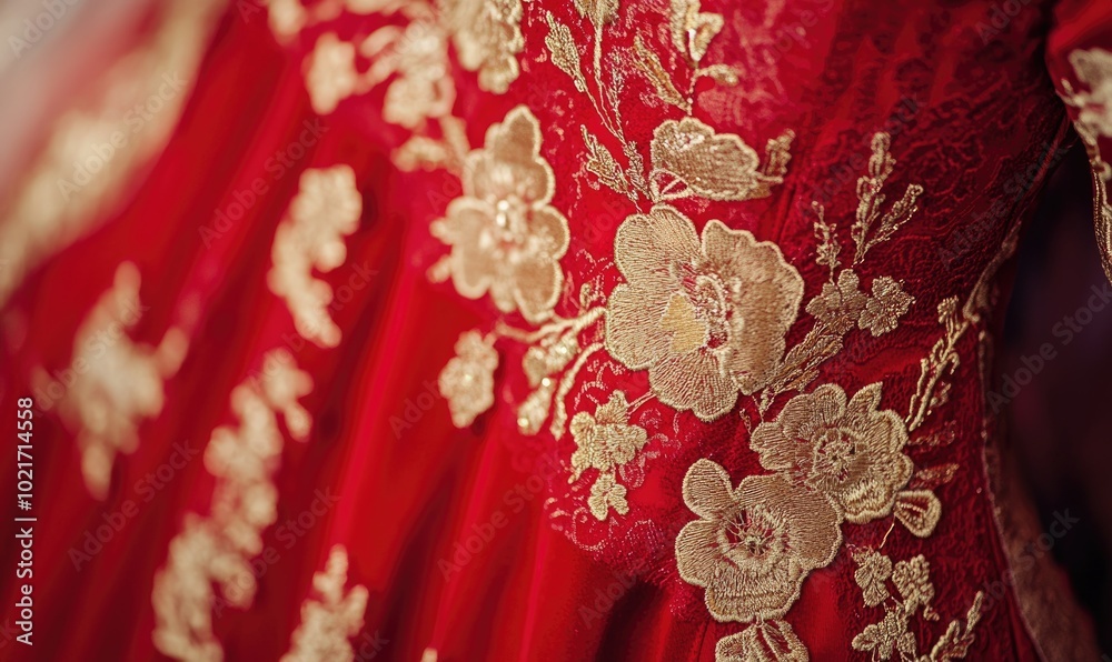 A red dress with gold flowers embroidered on it A red dress with gold flowers embroidered on it