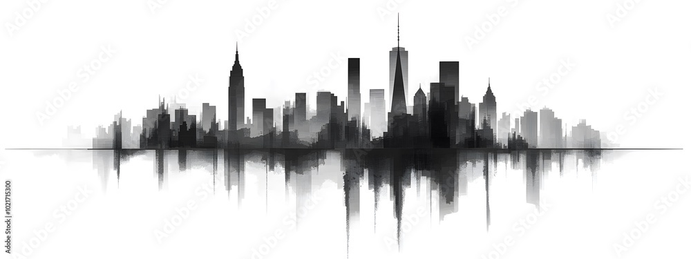Naklejka premium Black and white vector illustration of the New York City skyline, on a white background, with a minimalistic design featuring clean lines and a simple drawing style