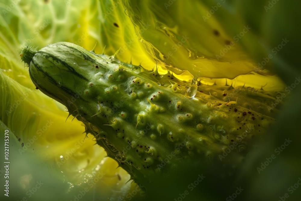 Naklejka premium Closeup shot of a dewcovered cucumber nestled among lush green leaves, highlighting fresh garden produce