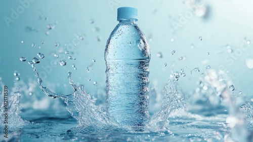 A plastic bottle of water with a blue cap, surrounded by a splash of water on a blue background.