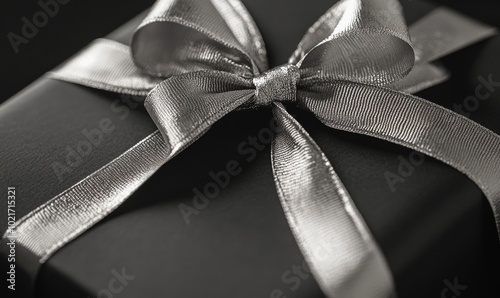 A black box with a silver ribbon tied around it
