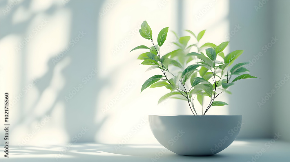 Green Plant in White Pot with Light Shining Through Window - 3D Illustration Green Plant in White Pot with Light Shining Through Window - 3D Illustration