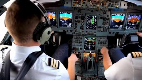 Flight Deck of modern passenger jet aircraft. Pilots at work. Cloudy sky and sunset view from the airplane cockpit