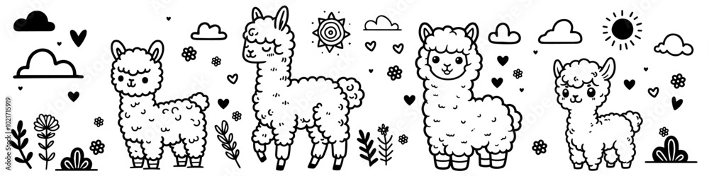 collection of cute alpacas with flowers and palm tree in black vector collection of cute alpacas with flowers and palm tree in black vector