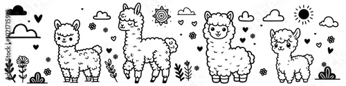 collection of cute alpacas with flowers and palm tree in black vector