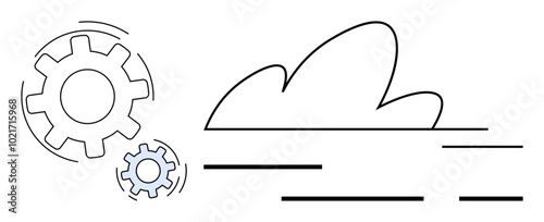 Two interlocking gears next to a cloud shape with horizontal lines representing speed and data flow. Ideal for technology, cloud computing, innovation, data management, and automation themes. Simple
