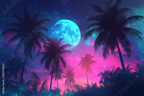 Colorful Night Sky with Palms and Moon