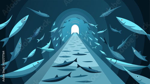 Visitors can walk through a tunnel surrounded by a school of shimmering silvery fish.