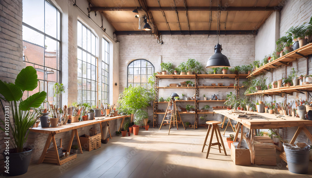 Lush indoor plants adorn a sunlit loft with rustic decor and modern tech Lush indoor plants adorn a sunlit loft with rustic decor and modern tech