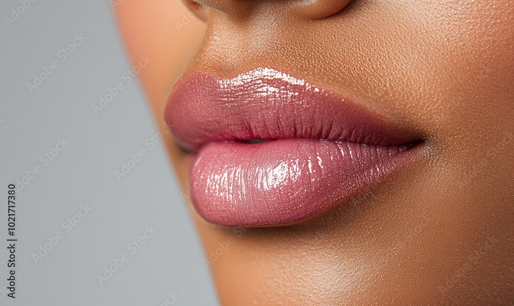 A woman's lips are painted with a pink lip gloss A woman's lips are painted with a pink lip gloss