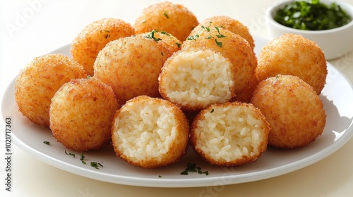 A plate of golden brown fried rice balls, some cut open to reveal a creamy cheese filling. There is a small bowl of chopped parsley in the background.