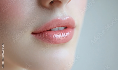 A woman's lips are painted with a pink lip gloss